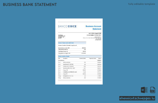 Beispiel eines Kontoauszugs eines Geschäftskontos der chilenischen Banco Bice im Word- und PDF-Format (Vorschau)